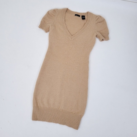 *Free with Purchase* Angora Puff Sleeve Mini Dress Tan V-neck Soft - Picture 8 of 12